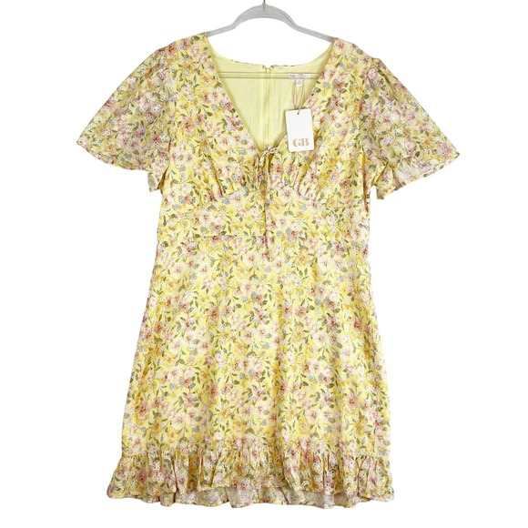 GB Dresses & Skirts - GB Yellow Floral Embroidered V-Neck Mini‎ Dress XXL NWT Spring Easter
